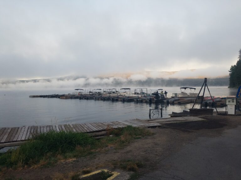 Some lingering fog on the lake near the marina in near-freezing temperatures.