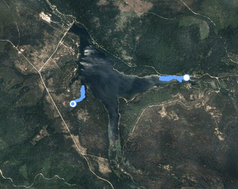 Satellite image of Lemolo Lake and vicinity, with my tracking locations in blue. The satellite image has the water level at near full pool so does not show the exposed lake bed.